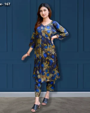 Woman wearing a royal navy blue artistic floral printed long coord set with premium soft breathable fabric, elegant ethnic wear for women