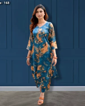 Woman wearing an elegant blue printed long kurti set with premium soft fabric, stylish ethnic wear for women