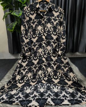 Black & Beige Baroque Print Long Button-Down Dress for Women